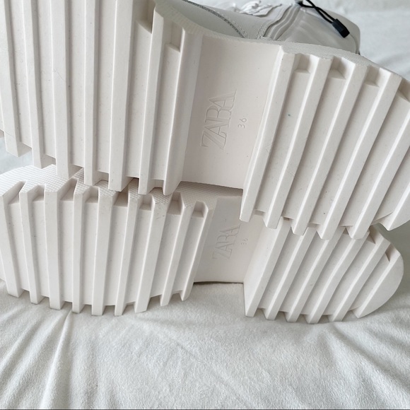 Zara White Lug Sole Lace-Up Leather Ankle Boots Size 6 - Picture 9 of 10